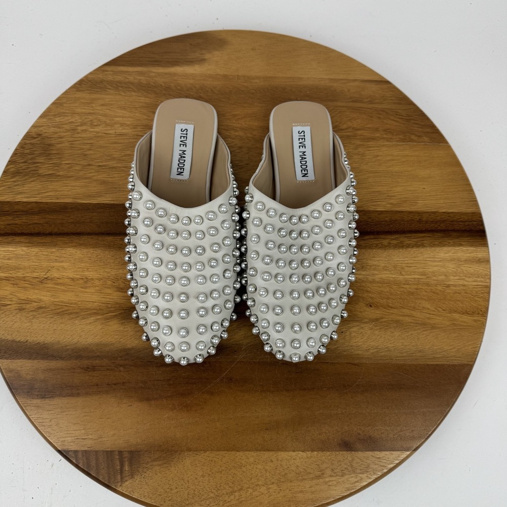 New Womens Steve Madden Glimmer Ivory Studded Pearl Slide Mules Size 6 M NWOB